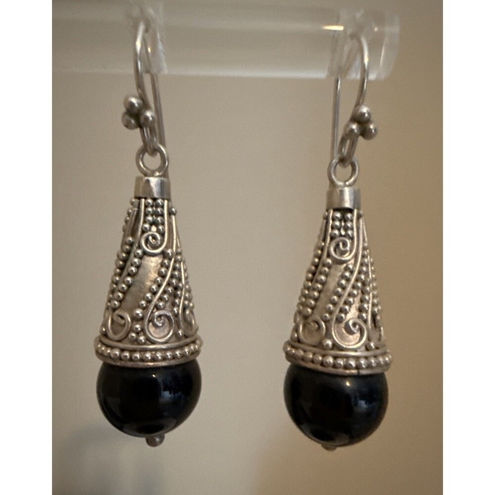VTG Sterling 925 Silver Cone Shape Onyx Dangle‎ Earrings By Suarti Bali Jewelry